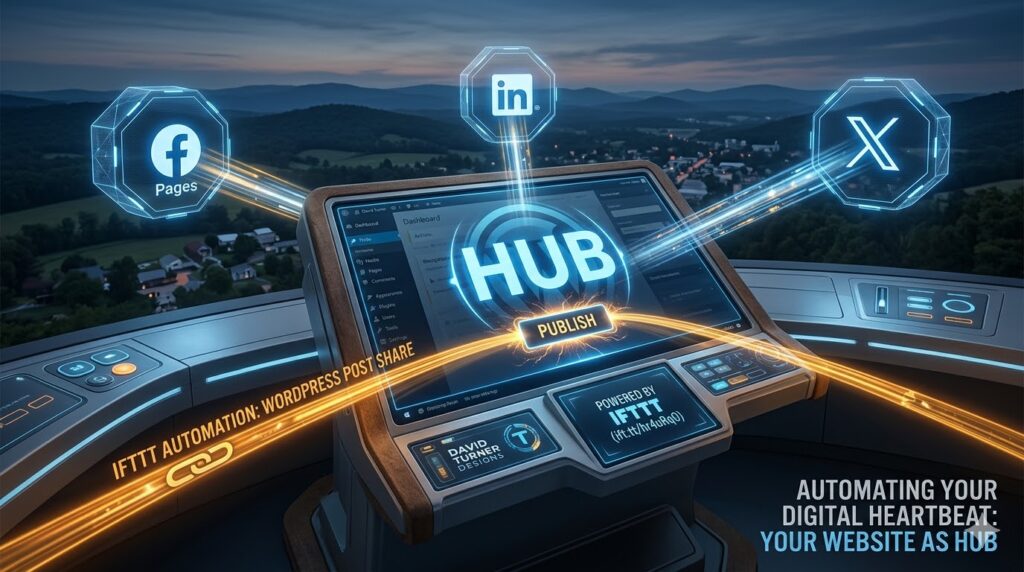 A futuristic digital control console showing a website hub connecting to social media spokes over a cinematic rural North Carolina landscape.