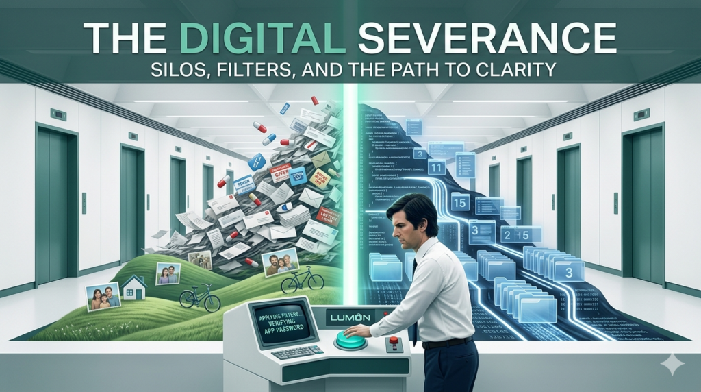 A surreal digital severance visualization: A Lumon-style office corridor divided between a chaotic 20-year email mountain and clean, organized digital data silos.