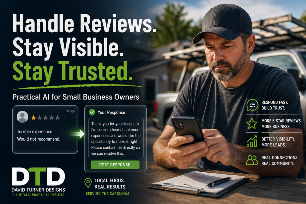 Small business owner responding to Google reviews on a phone