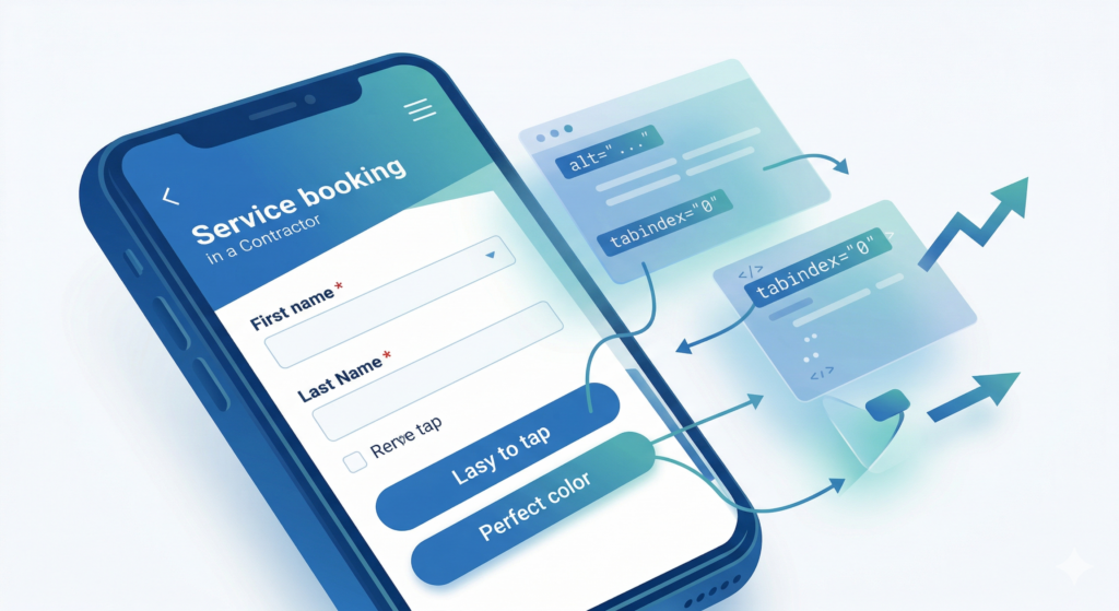 A 3D mobile phone mockup showing a contractor service booking form with clear buttons, high color contrast, and accessible code snippets.