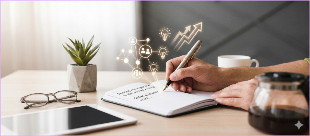 A focused contributor at a clean, well-lit desk, deeply engaged in writing in their notebook, symbolizing creation and thought. This visual represents an innovator developing and sharing their insights with the community.
