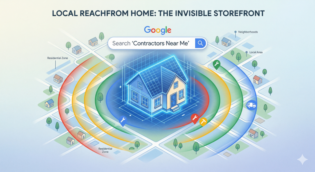 A modern digital illustration of a glowing residential house (representing a home-based business) acting as an "Invisible Storefront" by sending out local search signal waves (colored in red, yellow, green, and blue) to a suburban map. A Google search bar above reads 'Contractors Near Me', illustrating a Service Area Business (SAB) listing.