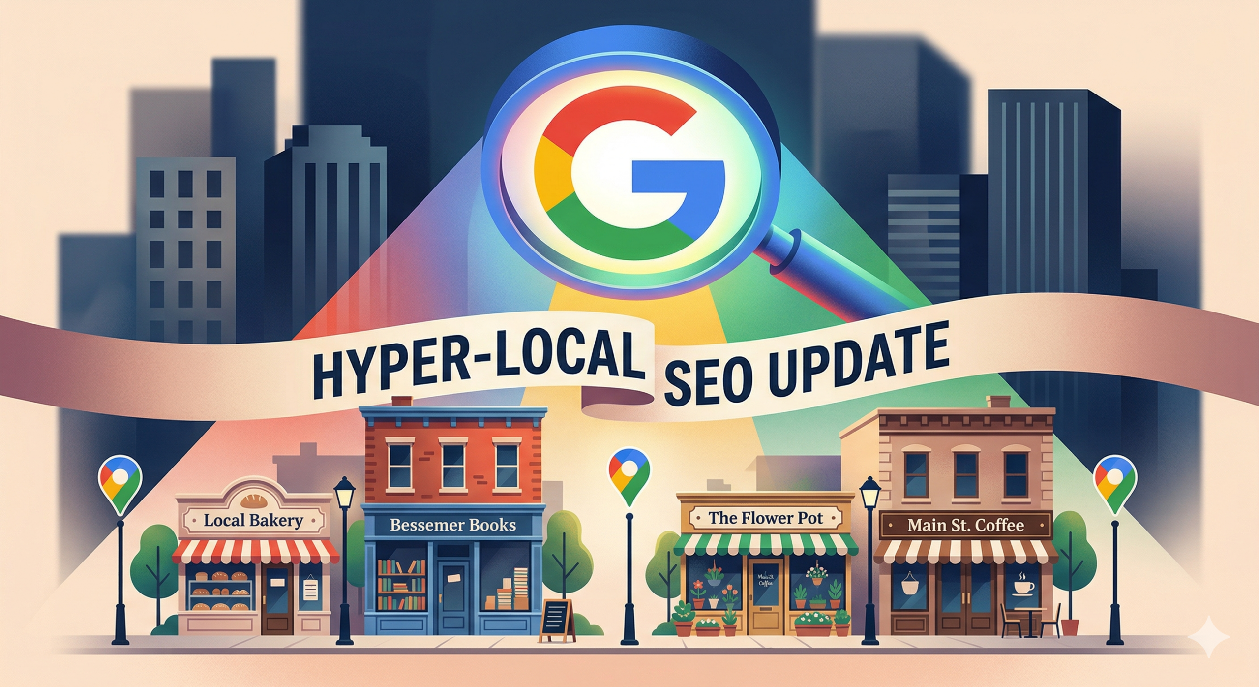 Google 2026 Core Update – Local SEO Impact Digital illustration showing a Google spotlight focusing on a local small business, representing the March 2026 hyper-local SEO update.