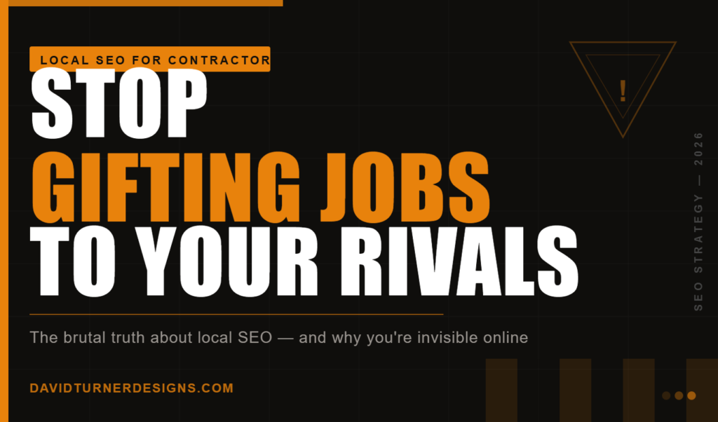 Bold dark-background featured image with orange accents reading "Stop Gifting Jobs to Your Rivals" — a local SEO article for contractors by David Turner Designs