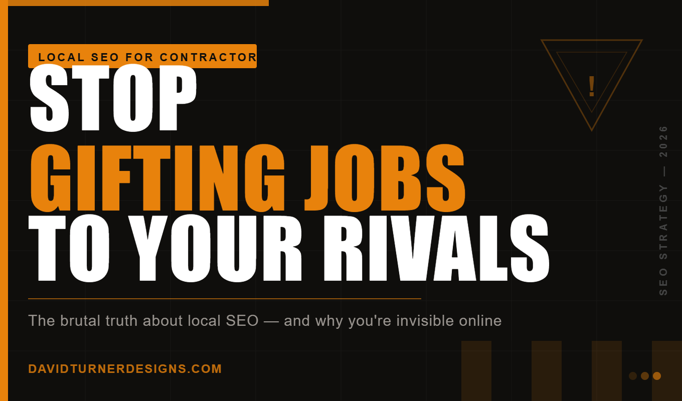 Stop Gifting Jobs to Your Rivals: The Brutal Truth About Local SEO for Contractors Bold dark-background featured image with orange accents reading "Stop Gifting Jobs to Your Rivals" — a local SEO article for contractors by David Turner Designs
