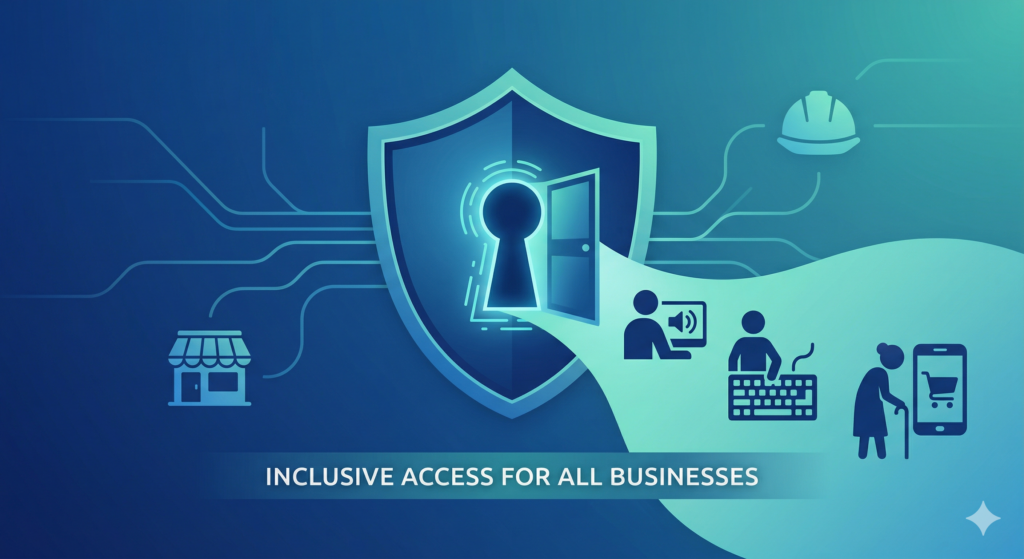 A blue and teal graphic showing a digital shield with a keyhole opening into a doorway, representing inclusive web access for small businesses.