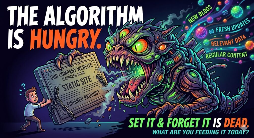A high-contrast illustration of a multi-eyed cyber-monster (The Algorithm) devouring a stone tablet labeled "Static Site." A frantic business owner realizes that "Set It and Forget It" is dead. Text: "The Algorithm is Hungry. What are you feeding it today?"