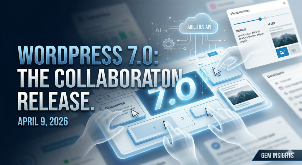 Conceptual featured image announcing the WordPress 7.0 'The Collaboration Release', showing multiple ghostly hands and cursor arrows co-editing Gutenberg blocks and connecting to a glowing Abilities API cloud. April 9, 2026.