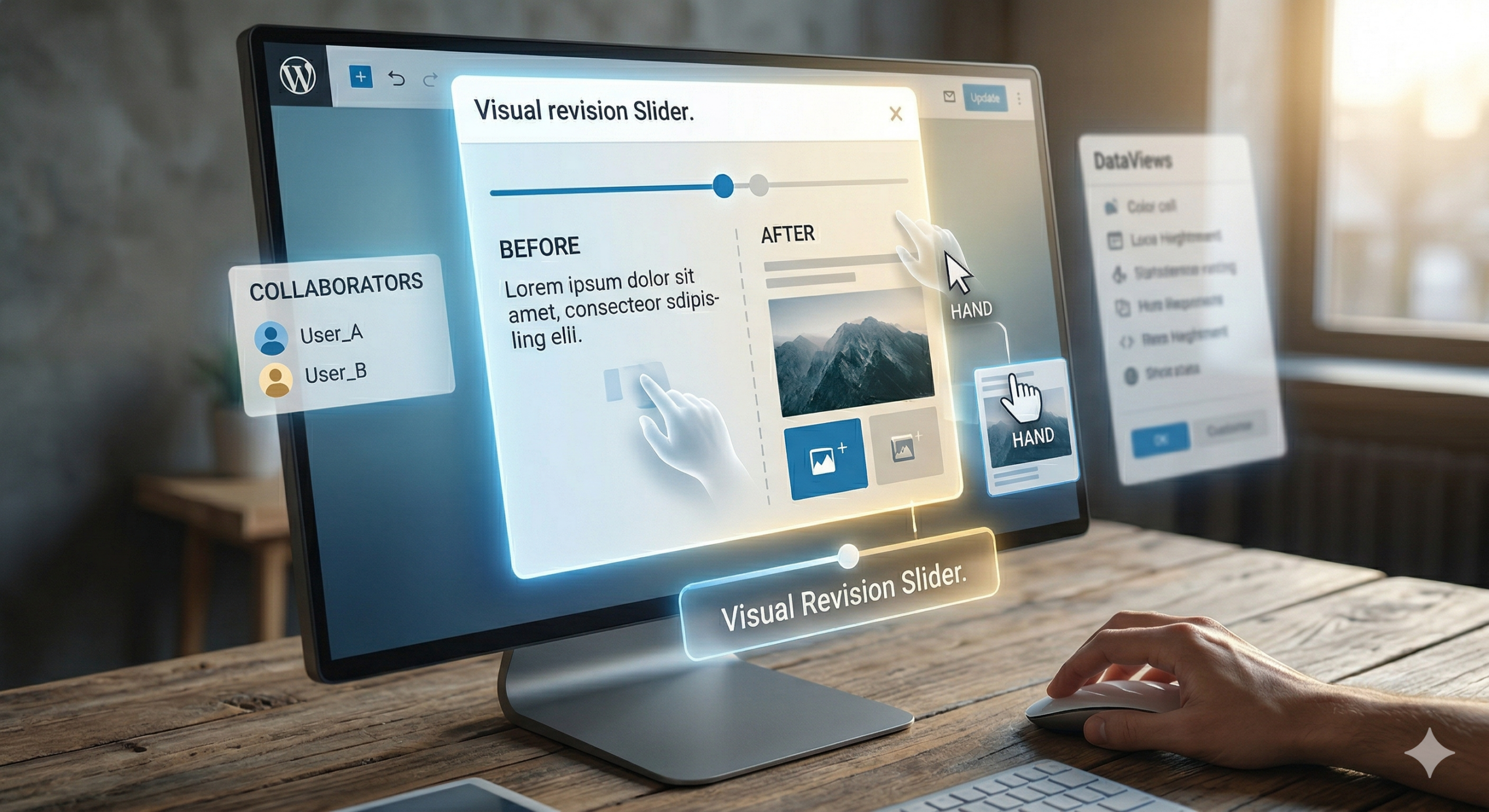 A high-fidelity close-up shot of the WordPress 7.0 visual revisions interface, showing a visual slider between 'BEFORE' and 'AFTER' block views, with co-editing hands (ghostly hands consistent with image 1) and a collaborators list. Modern studio setting.