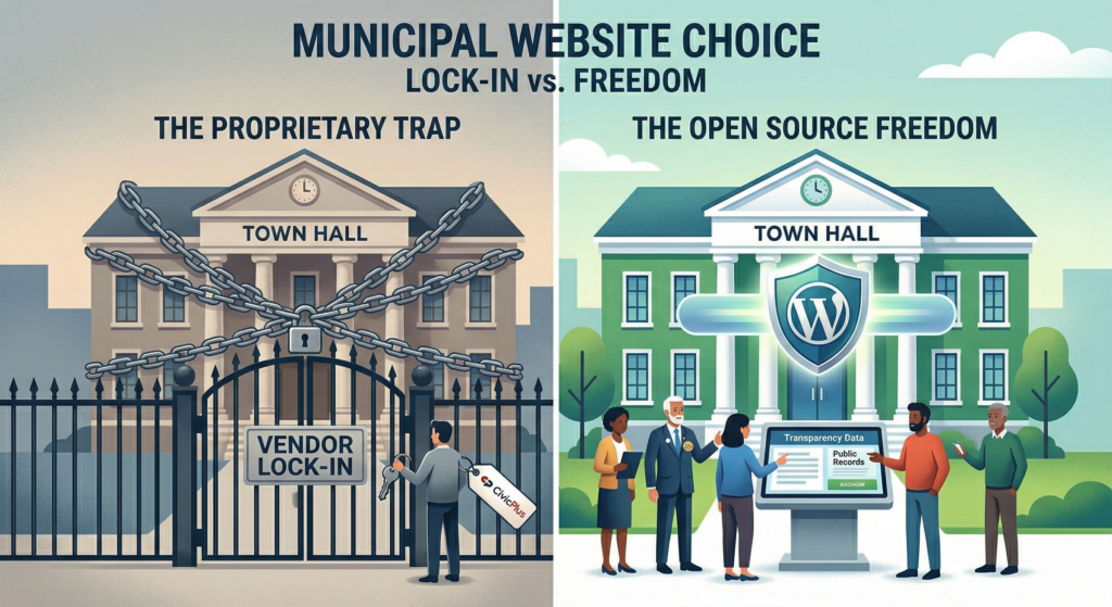 A professional diagram split vertically, contrasting a chained town hall labeled "VENDOR LOCK-IN" (representing proprietary government CMS) against an open, accessible town hall with a floating WordPress logo shield labeled "THE OPEN SOURCE FREEDOM." The illustration shows the strategic choice modern municipalities face