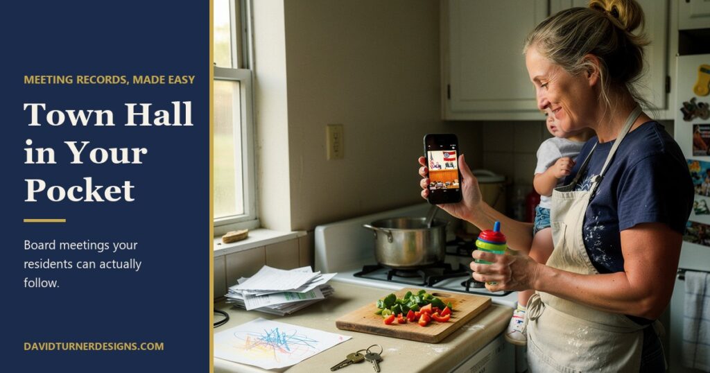A mother holding a toddler in her kitchen smiles while watching a town board meeting video on her phone, beside the headline Town Hall in Your Pocket.